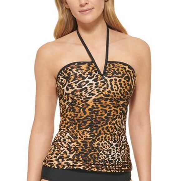 Calvin Klein Tankini Top Small Halter Bandeau Ruched V Notch Wire Animal Leopard - Picture 1 of 11